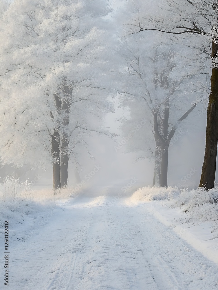 Poster Mysterious Snowy Pathway Surrounded by Frosted Trees in a Winter Wonderland Scene : Generative AI