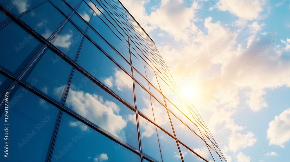 Aufkleber modern architectural building with reflective glass facade under a bright blue sky with clouds : gen