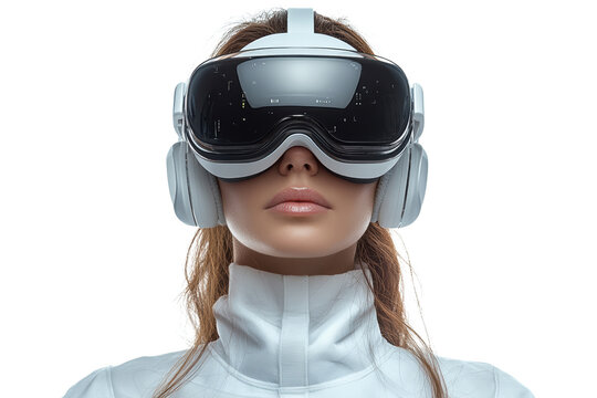 A woman wearing futuristic virtual reality goggles, showcasing the elegance and innovation of modern technology in immersive experiences. - Powered by Adobe