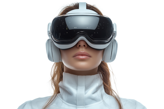 A woman wearing futuristic virtual reality goggles, showcasing the elegance and innovation of modern technology in immersive experiences.