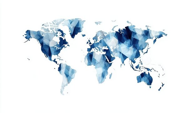 Abstract low-poly world map in blue tones.