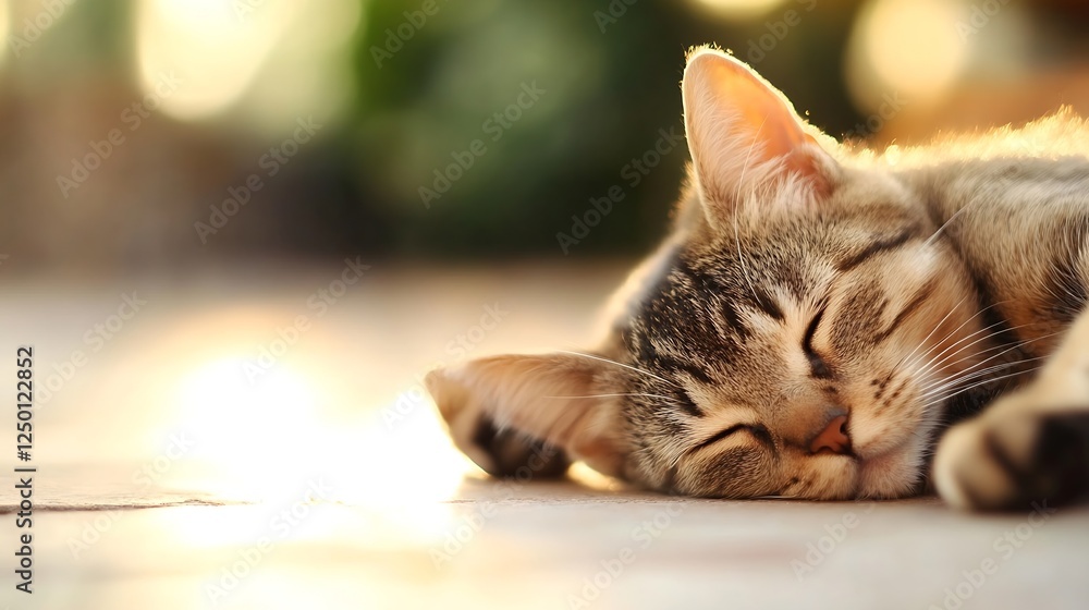 Poster adorable tabby cat peacefully sleeping on floor in soft warm light with tranquil ambience : generati