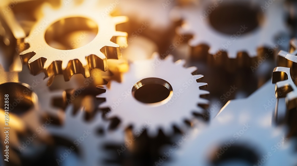 Poster close-up view of golden mechanical gears with intricate details : generative ai