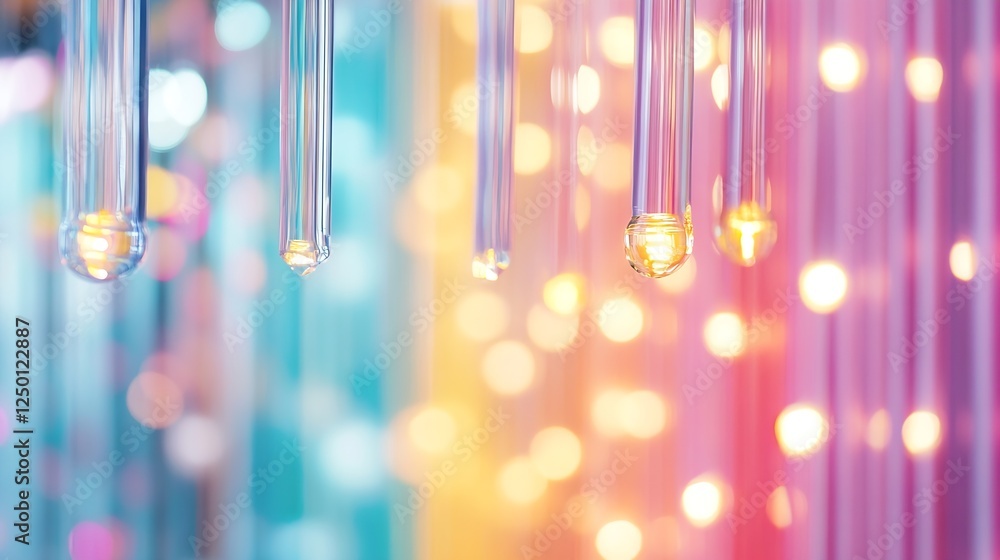 Poster colorful blurred abstract background with glowing spheres and glass tubes hanging from above : gener
