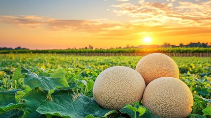 Ripe Cantaloupes at Sunset in a Lush Field.