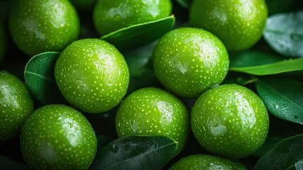 Fresh green plums, leaves, close-up, dark background, food