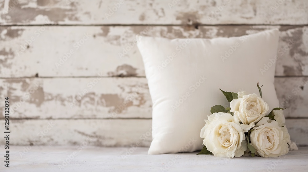 Aufkleber elegant white roses placed on soft pillow against rustic wooden background for a charming display : 