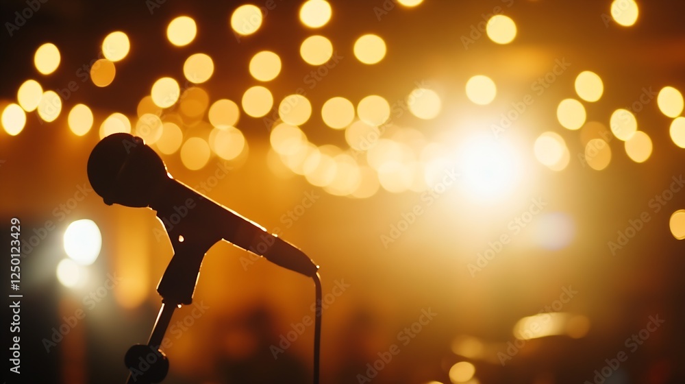 Poster dramatic silhouette of a microphone against a background of blurred light : generative ai