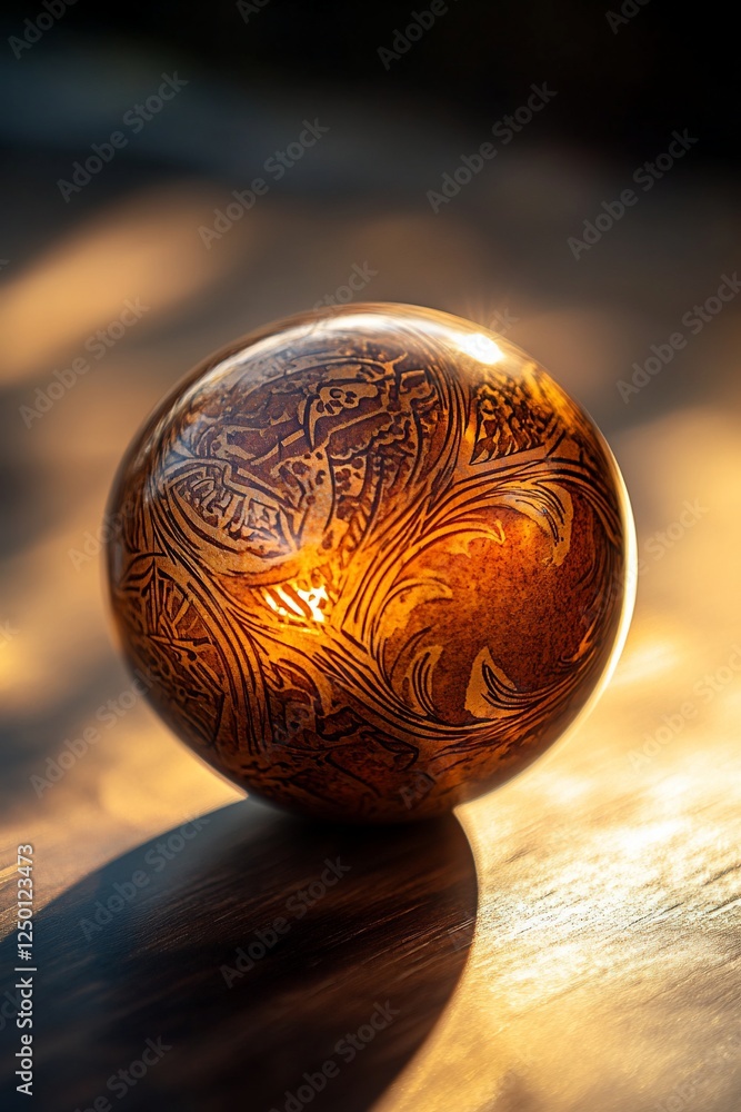 Poster close-up of a smooth, amber-colored sphere with intricate swirling patterns resting on a dark wooden