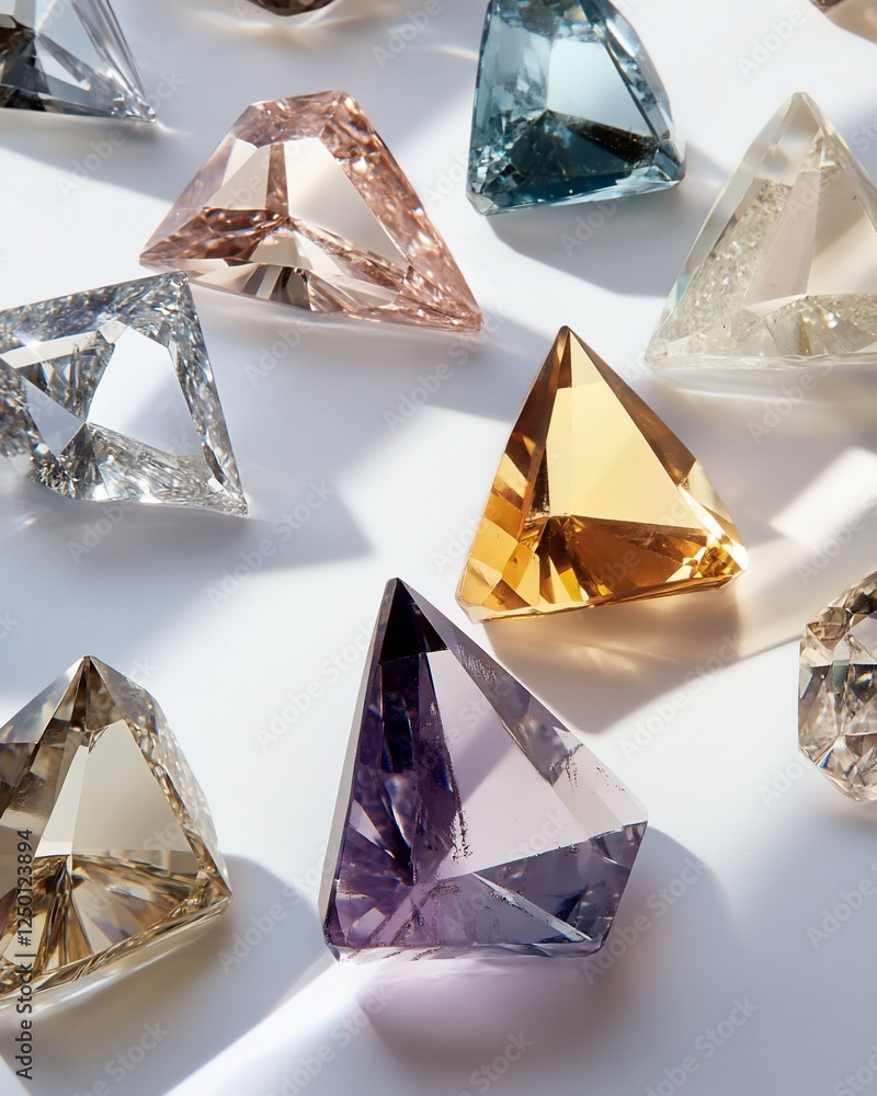 Poster collection of colorful triangular gemstones displayed on white background.