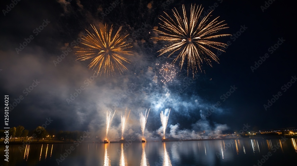 Poster dazzling fireworks display over calm lake illuminating the night sky with colorful sparks : generati
