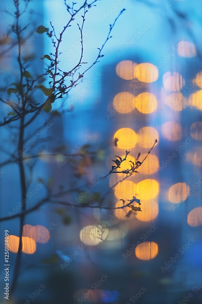 Fototapete delicate bokeh effect of branches with city lights creating dreamy atmosphere for nightlife themes :