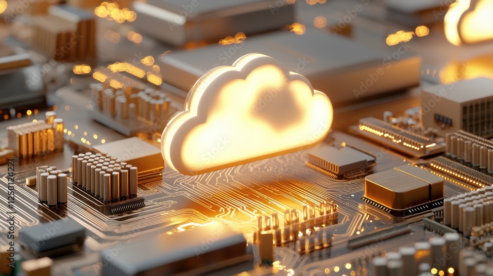 Poster cloud computing concept with glowing cloud on circuit board.