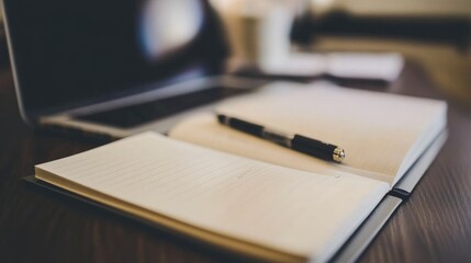 Stylish Workspace with Open Notebook, Pen, Laptop, and Coffee Cup on Wooden Table