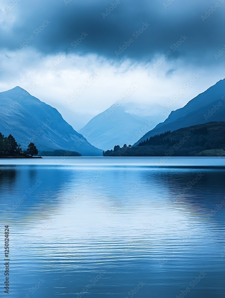 Poster stunning mountain landscape and reflective lake under dramatic sky with soft clouds : generative ai