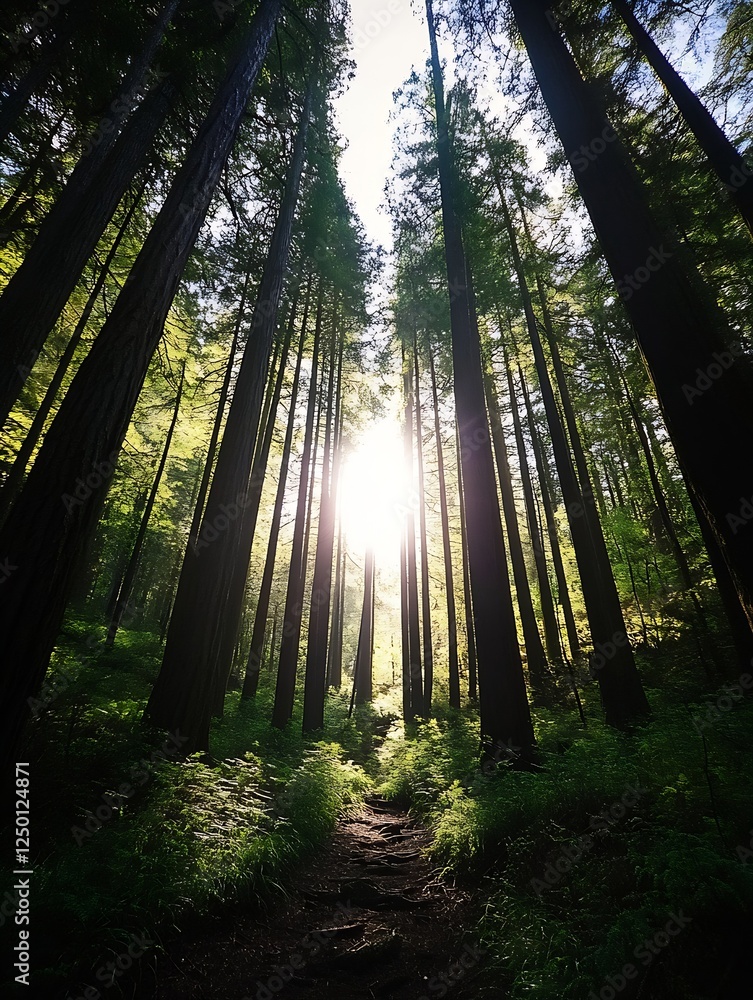Poster Sunlight Streaming through Tall Trees in a Lush Green Forest : Generative AI
