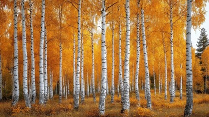 Obraz premium Vibrant autumn forest with golden birch trees, showcasing nature's beauty in a serene landscape