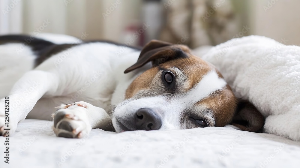 Poster relaxed beagle dog lying on soft bedding calm and content in a cozy indoor environment : generative 