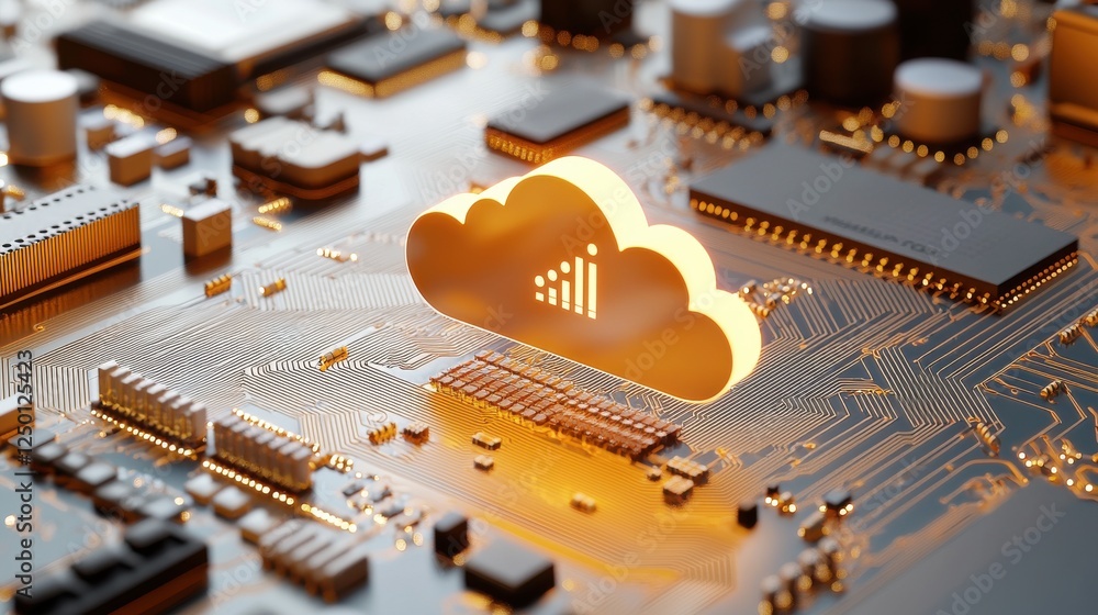 Poster digital cloud symbol on a circuit board for technology themes.