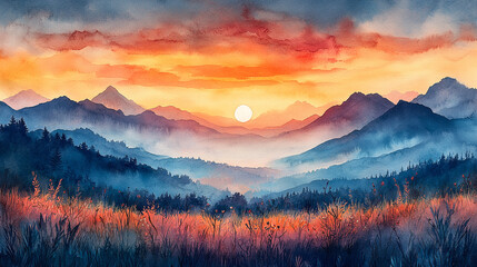 Fototapeta premium Serene Sunset Landscape Watercolor Painting Mountain View art sky red fog blue mist calm hills trees