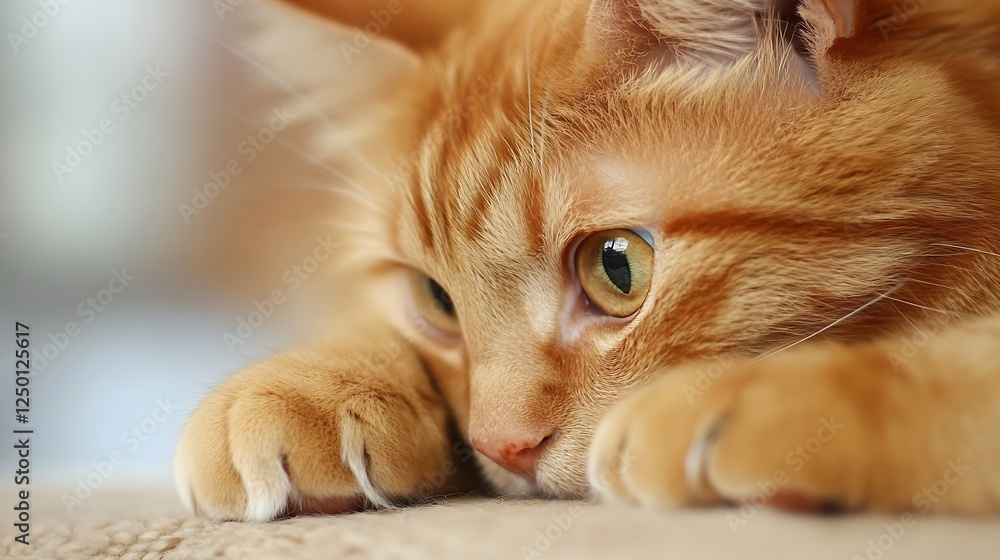 Poster Close up of a ginger cat resting calmly showing detailed fur and expressive eyes conveying tranquility : Generative AI