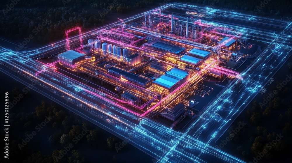 Poster aerial view of illuminated industrial complex at night, showcasing intricate network of pipelines an