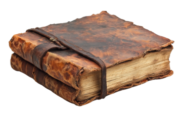 An antique book with a worn leather cover, bound with a strap, representing history and knowledge. Ideal for illustrating literature and heritage themes.