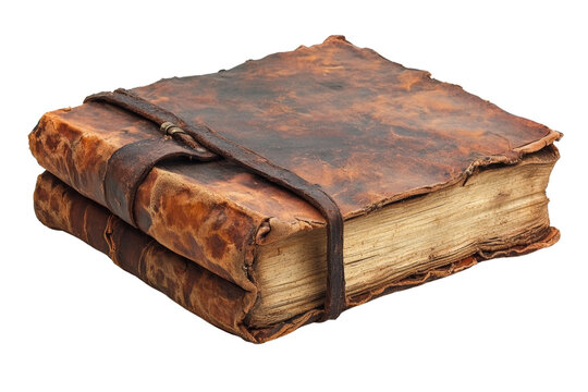 An antique book with a worn leather cover, bound with a strap, representing history and knowledge. Ideal for illustrating literature and heritage themes.