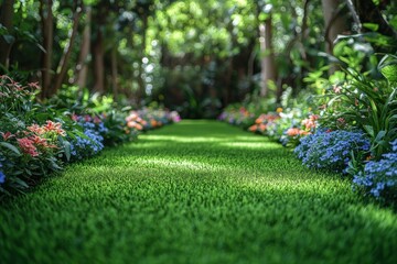 Obraz premium Beautiful green lawn in the garden, lush trees, colorful flowers, and manicured grass on a bright sunny day.
