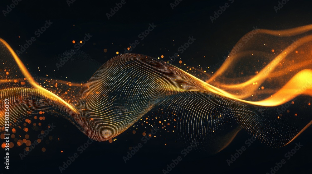 Poster abstract golden wave patterns with particles on dark background