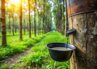 Sustainable agriculture:  rich, black cup overflows with natural rubber latex harvested from a rubber tree.