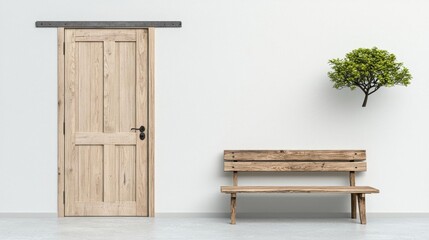 Fototapeta premium minimal photostock of a beautiful wooden door with old wood bench white background wall home interior design concept