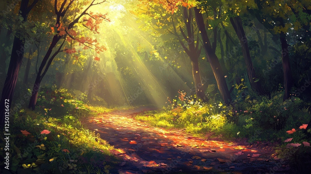 Poster sunlight filtering through trees in a lush autumn forest scene