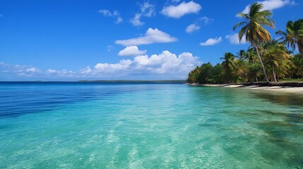Fototapeta premium Breathtaking tropical beach with turquoise waters and tall palm trees under bright blue sky : Generative AI