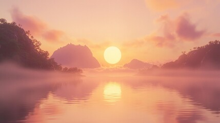 Misty Sunset Over Mountains