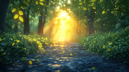 Fototapeta premium Serene forest pathway illuminated by golden sunlight with lush greenery and soft glows