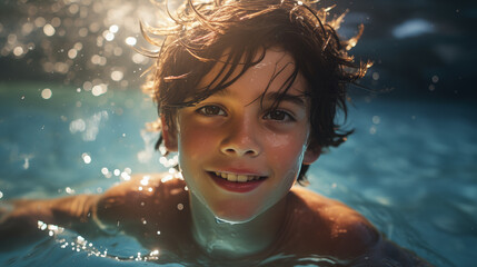 A boy swimming in a swimming pool. Summer vacation time