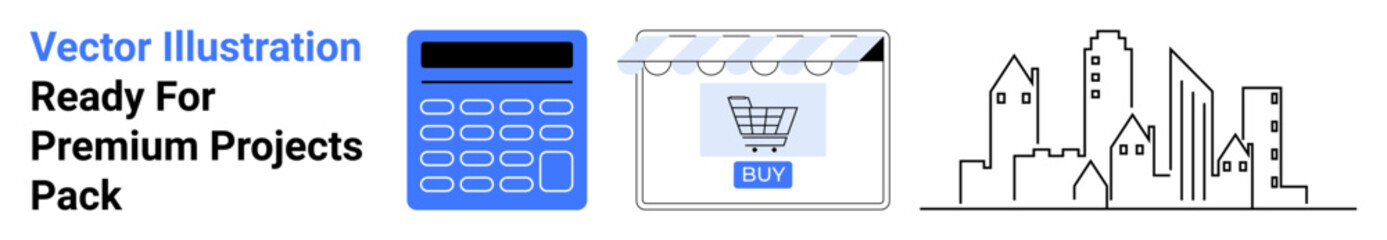 Blue calculator, storefront with shopping cart, urban skyscrapers represent budgeting, e-commerce, architecture. Ideal for finance, technology, infrastructure, real estate online shopping urban