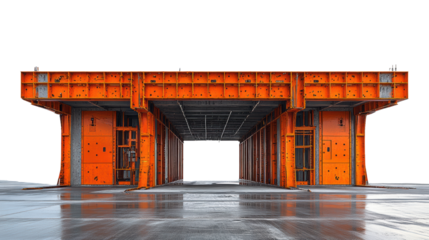 An industrial structure featuring bright orange steel framing and large openings. This modern design showcases innovative architecture in urban settings.