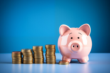 piggy bank with coin on the table. money.