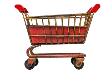 An old, rusty shopping cart with red handles, symbolizing thrift shopping and the vintage vibe of second-hand retail experiences.