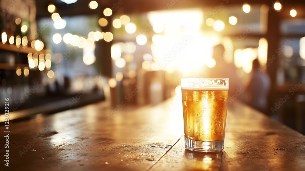 Poster refreshing glass of beer on a wooden table bathed in golden sunlight creating a warm inviting atmosp