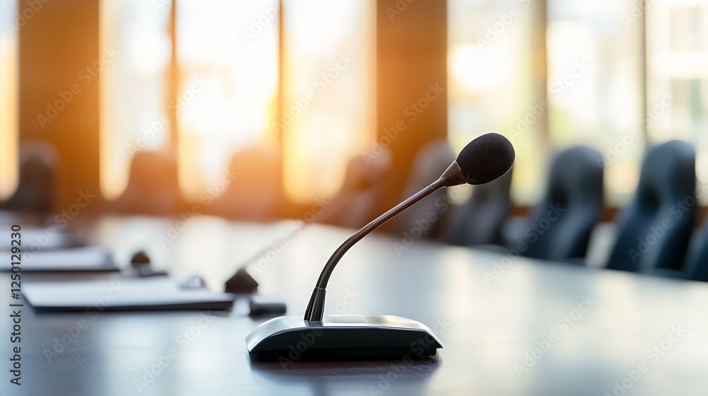 Aufkleber professional conference setting featuring a microphone on a sleek table with modern chairs and dayli
