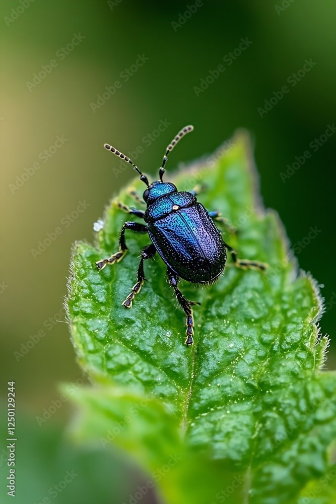 Poster close up of a colorful metallic beetle perched on a green leaf showcasing intricate details and vibr