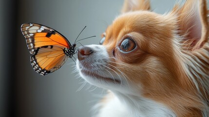 Chihuahua with a butterfly resting on its nose in a playful and adorable outdoor setting