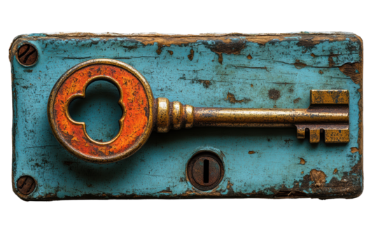 An old, ornate key placed on a distressed blue background, symbolizing security, mystery, and forgotten stories from the past.
