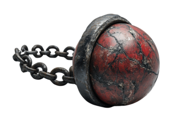 An ornate metallic chain with a striking red spherical ornament, symbolizing strength and restraint, perfect for cultural representations and artistic themes.