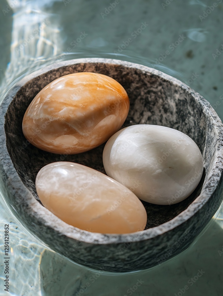 Poster elegant smooth stones in a bowl with water for spa and relaxation aesthetics : generative ai