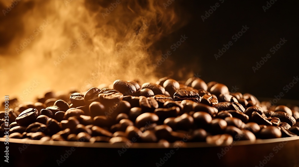 Poster Steaming Coffee Beans in a Roasting Tray Creating Aromatic Fragrance : Generative AI