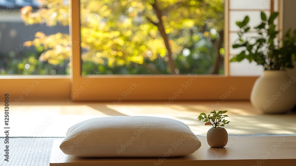 Poster minimalist zen room with soft bedding and indoor plants reflecting serenity and balance in design : 